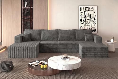 Image of 138 inch Modern Modular Sectional Sofa, U-Shaped Cloud Couch, Soft Corduroy Boneless Couch with 3060 High Rebound Memory Foam, Sectional Couches for Living Room-Grey(Left Facing Chaise)