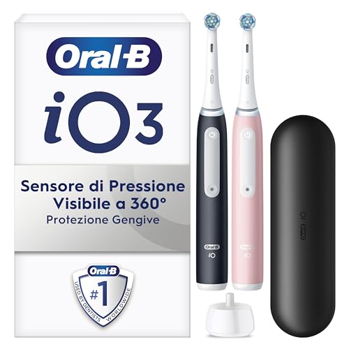 Oral-B Spazzolino Elettrico Ricaricabile iO 3 Rosa e Nero, 2 Spazzolino Elettrico Oral B, 2 Testine Di Ricambio, Custodia Da Viaggio. Confezione Doppia, Pulizia Denti Efficace