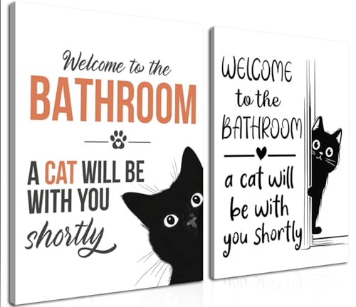 MUWAK Funny Welcome to the Bathroom Slogan Wall Art Set of 2 – Cat will Be With You Shortly Canvas Prints, Funny Bathroom Sign Pictures Wall Decor for Restroom, Washroom – 12x16in