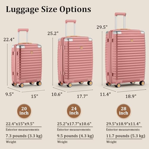 Joyway Luggage Set 3 Piece with TSA Lock and Spinner Wheels, PP Hard Shell Suitcase Set with Corner Protectors for Travel(Rose Gold, 3 piece luggage set)
