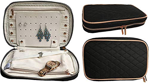 Travel Jewelry Organizer-Rose Gold Features-Jewelry Case-Travel Jewelry Bag-Jewelry Roll-Jewelry Storage for Watch, Ring, Necklace, Bracelet and Earring-Luxurious Jewelry Case (Black)