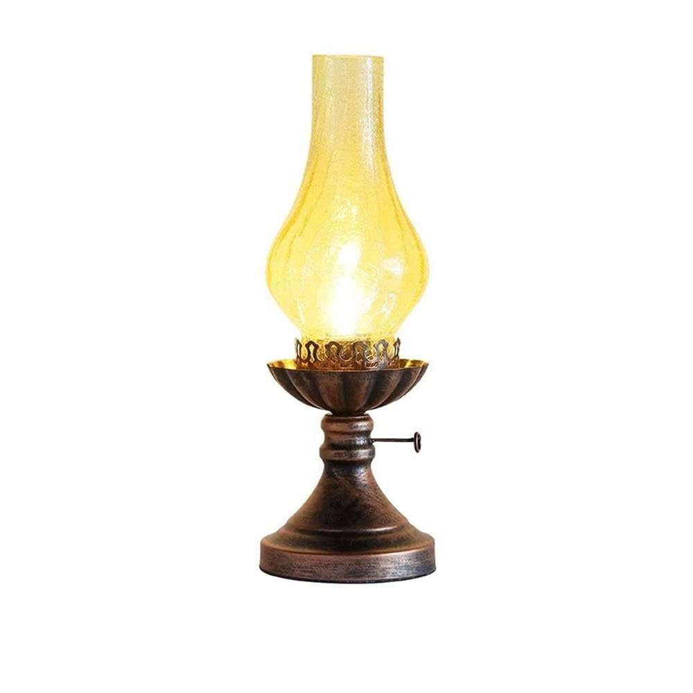 Simple Country Nostalgic Kerosene Lamp Table Lamp, Wrought Iron Glass E27 Night Lamp, Suitable for Living Room Bedside Lamp, Pastoral Table Lamp with Button Switch, Bronze (Color : Yellow)