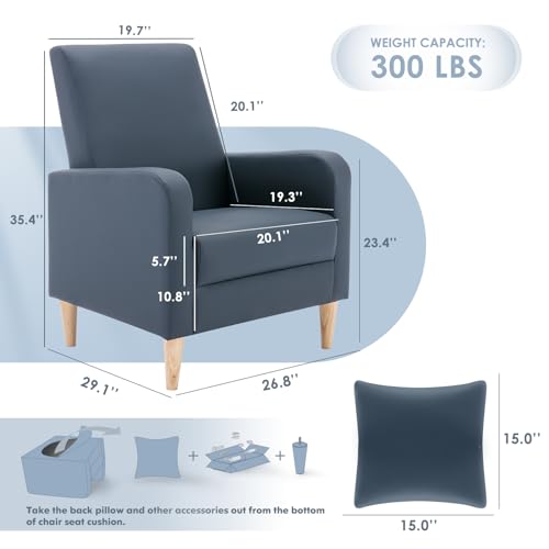 Image of COLAMY Modern Upholstered Accent Chair Armchair with Pillow, PU Leather Reading Living Room Side Chair,Single Sofa with Wood Legs, L-Blue