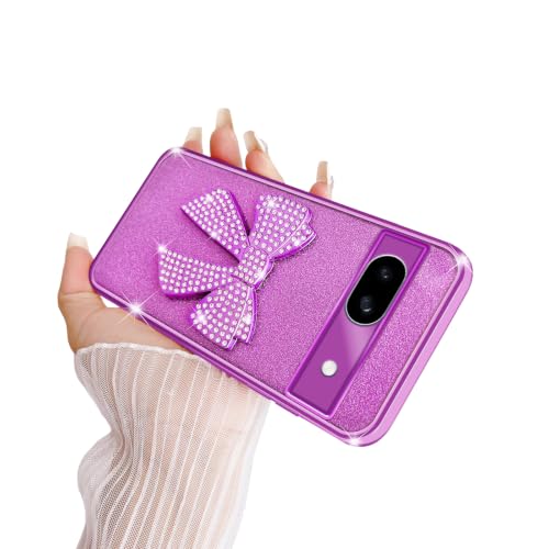 Coque souple Google Pixel 8a avec nœud violet 3D et paillettes brillantes