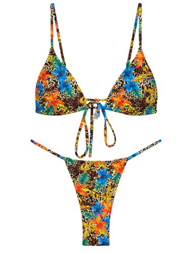 Image of OWICA Women's Sexy Triangle Bikini Sets Cheeky Thong Swimsuit Adjustable Spaghetti Straps Bathing Suit