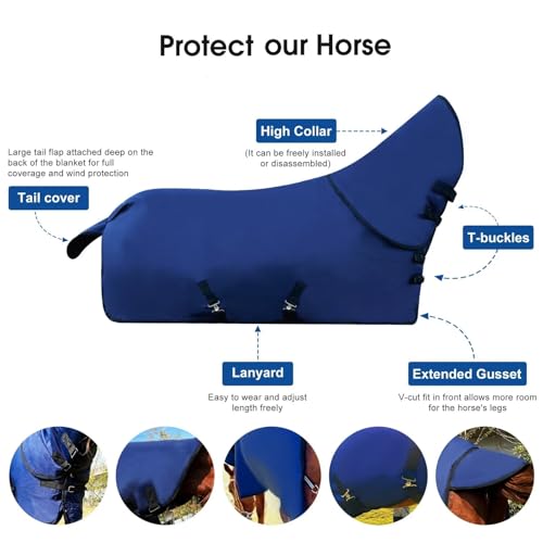 Image of Horse Blanket Waterproof Winter Horse Blanket 1200D Ripstop Horse Turnout Blanket Medium Weright Filling with Detachable Neck Cover 81 Navy Blue