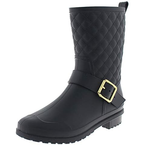 Capelli New York Ladies Matte, Quilted Shaft Mid-Calf Rain Boot with Ankle Strap Black 9 Cover