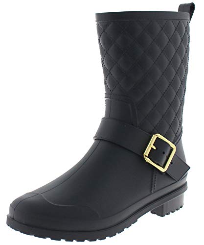 Capelli New York Ladies Matte, Quilted Shaft Mid-Calf Rain Boot With Ankle Strap Black 9 #TOP19
