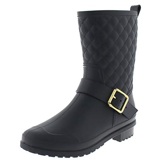 Capelli New York Ladies Matte, Quilted Shaft Mid-Calf Rain Boot with Ankle Strap Black 9
