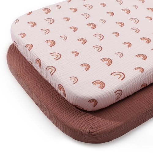 Image of Blissful Diary Muslin Bassinet Sheets for Baby Girls Boys, Boho Soft Cotton Fitted for Oval Hourglass Rectangle Mattress, 2 Pack(Rainbow&Cedar)