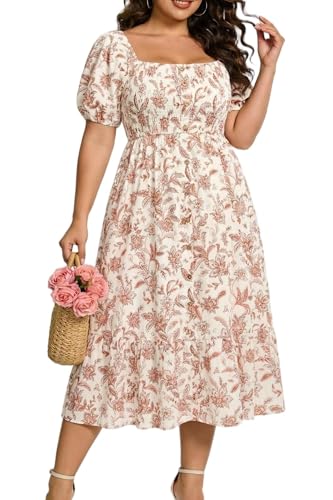 Image of Plus Size Summer Dresses - Boho Casual Wedding Guest Midi Flowy Short Sleeves Smocked Button Down Dress for Curvy Women