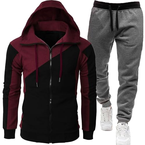 Genérico Conjunto de jogging 2024 Chándal para hombre Traje deportivo de dos piezas con capucha Casual Chándal deportivo Chaleco Chaqueta de entretiempo, Vino, M