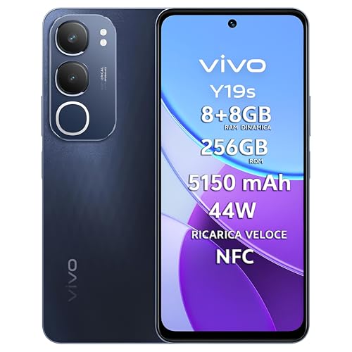 vivo Y19s Smartphone 4G, 8+8 GB RAM+256 GB, Fotocamera AI 50MP, Batteria 5150 mAh, Ricarica Veloce 44W, Display 6.68” 90Hz 1000 Nits, Audio 300% Stereo, UltraSottile 8.1mm