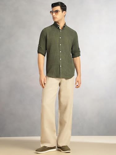 Image of Thomas Scott Men's | Solid | Textured Fabric | Full Sleeve | Slim Fit | Polyester-Blend | Spread Collar | Casual Shirt