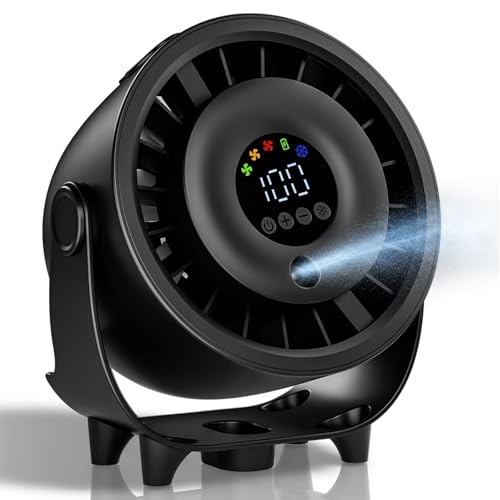 QSPORTPEAK Ventilador de nebulizador de escritorio, pantalla digital de 100 velocidades, bajo ruido, inclinación ajustable a 120°, mesa ventilador USB recargable, diseño de pared para dormitorio de