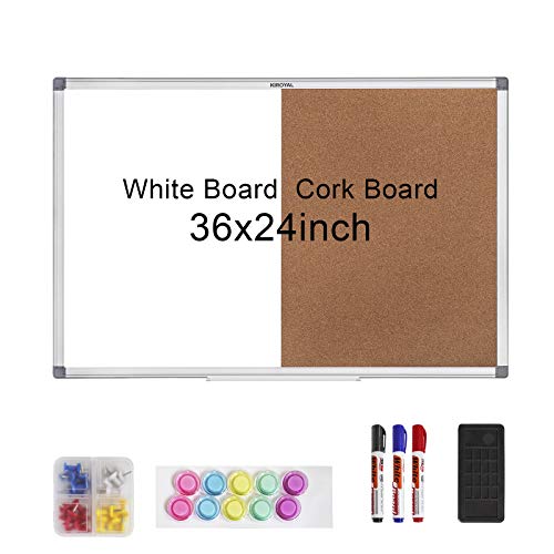 KIROYAL Cork Board 36 x 24 Combo White Board Magnetic Combination Whiteboard Bulletin Dry Erase Board & Corkboard for Homeschooling, Office, Classroom Hanging Message Board Wall Mounted