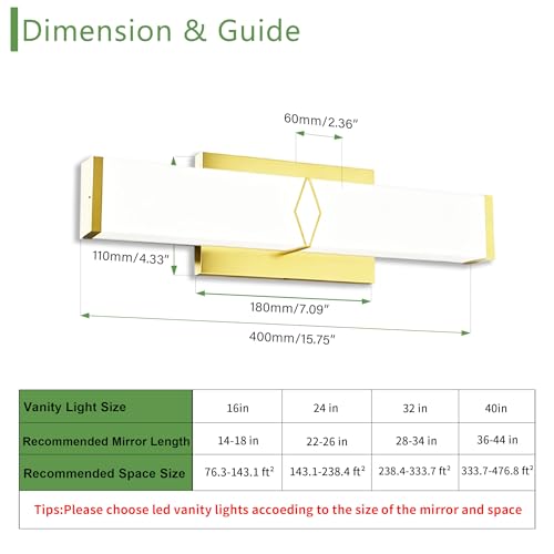 Image of 16 Inch Bathroom Vanity Light 2000LM, AC 120V 5CCT Modern Bathroom Lighting Fixtures Over Mirror Dimmable, 20W Gold LED Vanity Lighting Fixtures Wall Sconce ETL Certified, 1Pack