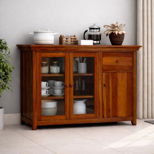 Image of BWF Premium Sheesham Shining Glass Door Storage Cabinet for Home, School, Office, Shop, Medical Clinic and Garage | Best Choice of Kitchen Crockery Storage | Wooden Chest |