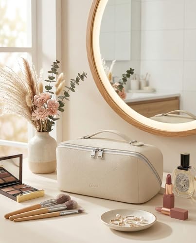 Image of EACHY Travel Makeup Bag, Lychee Leather Large Capacity Cosmetic Bag for Women, Open Flat Toiletry Bag with TPU Brush Compartment, Waterproof Skincare Organizer Travel Essentials