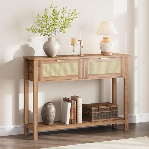 GarveeHome Mesa Consola Estrecha de Roble recuperado y ratán – 2 cajones, Doble Estante – Auxiliar Bohemia para sofá o recibidor – Estilo Moderno y rústico – Pasillo, Sala de Estar – marrón 25 años