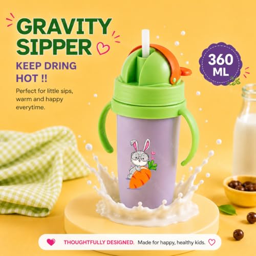 Image of Nabhya Inner Stainless Steel & Outer Plastic 360ml BPA-Free Cute Animal Design Baby Sipper Kids Water Bottle with Straw and Side Handle for Kids (Purplee)