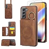 Compatible with Samsung Galaxy S21 5G 6.2 inch Wallet Case and Screen Protector Crossbody Shoulder Strap Ring Buckle Stand Card Holder Magnetic Car Mount Phone Cover for S 21 21S G5 Women Men Brown