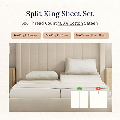 California Design Den Split King Sheet Set - 100% Cotton, 600 Thread Count Sateen, Breathable Luxury King Size Sheets for Adjustable Bed, Luxury Soft Hotel Quality Sheets - Ivory (Creamy Beige Tone)