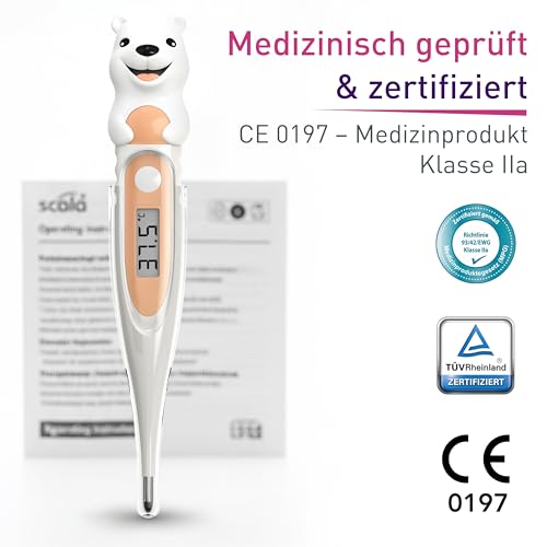 scala SC 44 flex Digitales Fieberthermometer Baby & Kinder – 10 Sek. Messzeit, flexible Spitze, Fieberalarm, wasserdicht – oral, rektal & axillar – Eisbär Motiv