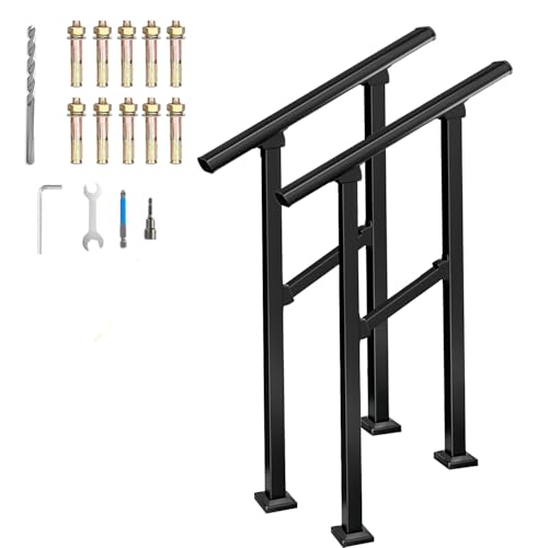 WUTUSENT Handrails for Outdoor Steps - Black Wrought Iron Handrail Kit,Outdoor Staircase handrails. (2-Pack 2 Steps)