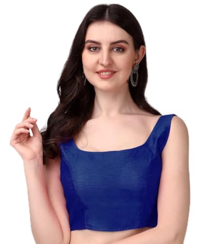 Pujia Mills Navy Blue Blouse for Women | U Neck Mono Banglori Silk Plain Back Open Sleeveless Blouse|Blouses for Women Readymade Stylish | Size : 32 to 42 | Wedding Reception Party Engagement Deal