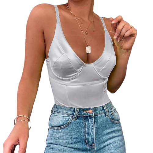 Velius Women's Sexy Deep V Neck Shiny Thong Bodysuit Tank Tops with Underwire (Silver,Small)