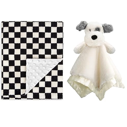 Image of BEILIMU Baby Blanket+Security Blanke for Boys Durable Corduroy Toddler Blanket with Double Layer Dotted Backing Checkerboard Grid Chessboard Gingham Warmer Bed Blankets for Newborn Infants Black
