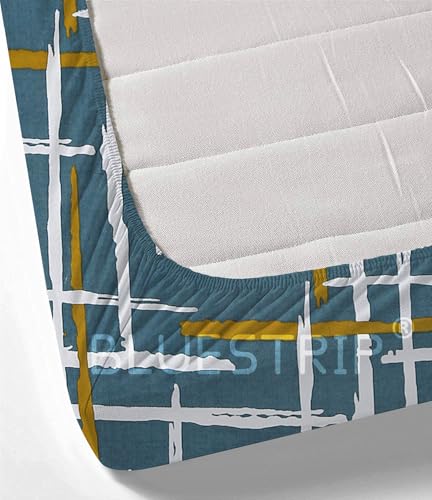 Image of Blue Strip 220TC Glace Cotton Elastic Fitted Bedsheets Single Bed with 1 Pillow Cover | Single Bed with All Around Elastic, Size 42 inch x 75 inch Inches