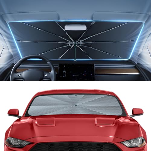 Image of Autorder Windshield Sun Shade Umbrella for 2015-2026 Ford Mustang Accessories,Upgraded Ice Crystal Material,Easy Setup Umbrella Sunshade for Car Windshield,100% Sun Blocking