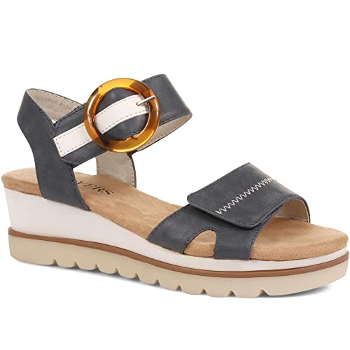 Pavers Ladies Dual Fit Sandals - Stylish Comfortable Wedge Sandals for Casual Wear - Women's Cushioned Footbed and Decorative Buckle - Size 5/38 Navy