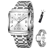 OLEVS Watch Men Silver Square Watches for Men Luxury Stainless Steel Rectangular Mens Watch Roman Numerals Big Face Waterproof Analog Quartz Wrist Watches for Man Dress Tank Relojes para Hombres