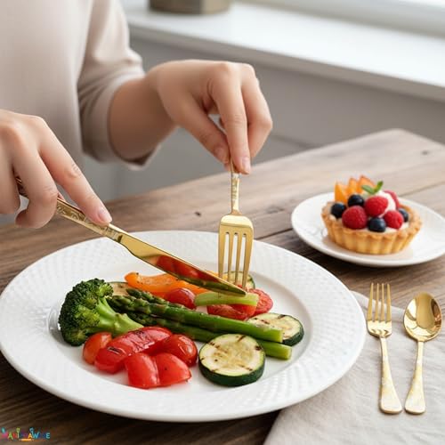 Image of Floral Gold 15 Pcs Stainless Steel Cutlery Set for Dining Table, Dishwasher Safe Glossy Flatware (3 Spoon Set+3 Forks Set+3 Butter Knife+3 Dessert Spoon+ 3 FruitFork)