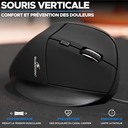 Souris ergonomique filaire USB 6 boutons Bluestork pour PC et Mac