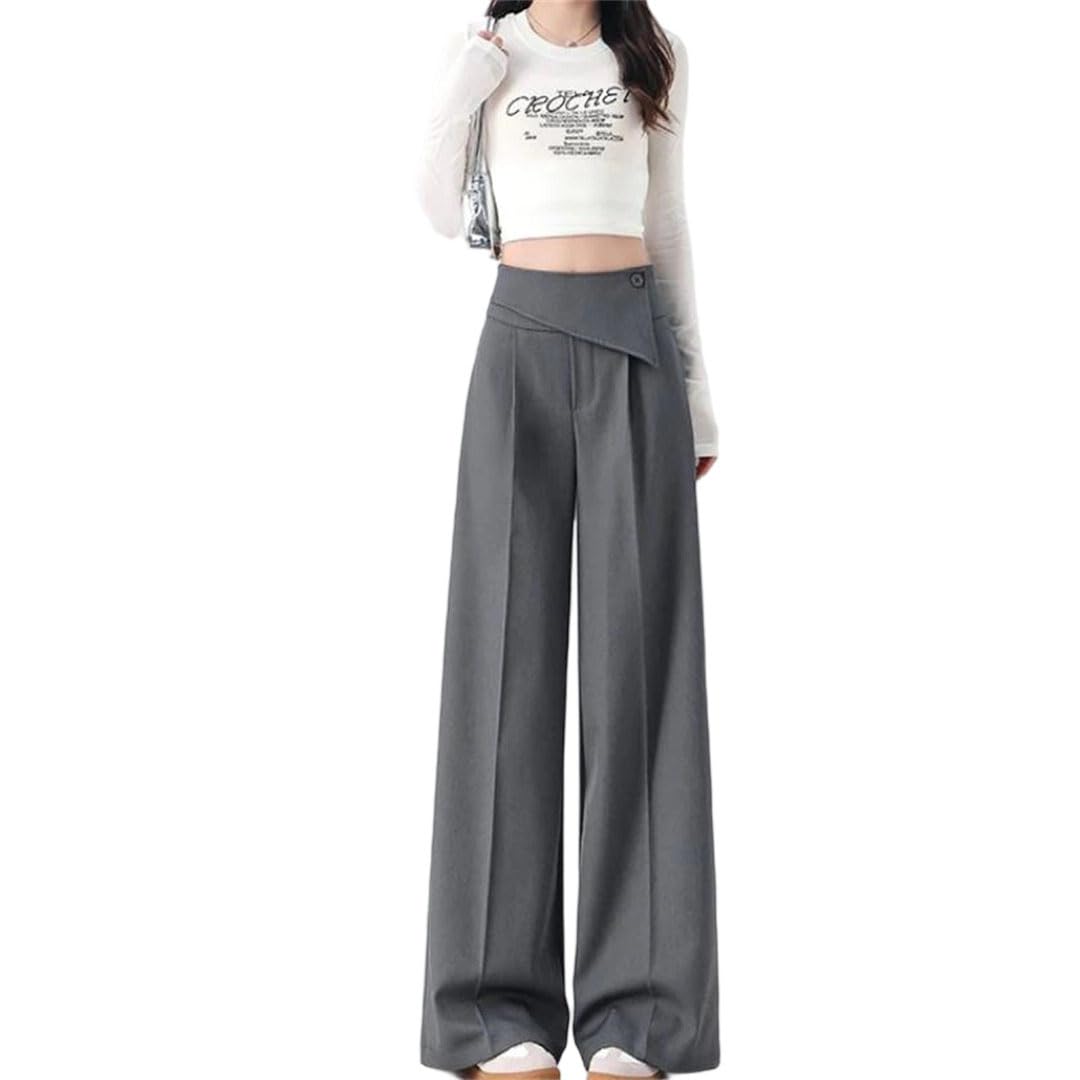 Womens Solid Color High Waist Spring and Summer Asymmetrical Loose Straight Wide Leg Pants