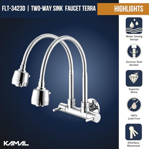 Image of KAMAL Two Way Sink Faucet Tab - Terra | SS 304 Fully Flexible Dual Flow Spout 50cm Length | Single Cold Water Inlet & Two Control Water Outlet | Brass Body Bib Tap Faucet (Wall Mount Installation)