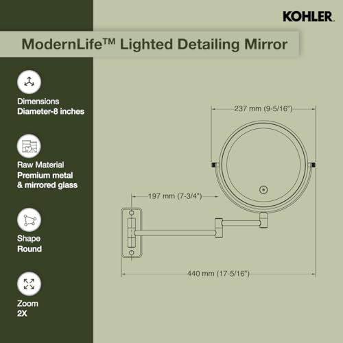 Image of Kohler ML Edge Detailing Lighted Mirror with 3X Magnification | Extendable Frame | Battery Operated, 3 Color Temperatures | Double Sided Mirror for Shaving, Makeup | 3 Yrs Warranty, 460 mm(18 inches)