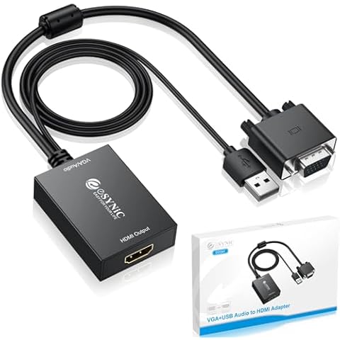 eSynic Professional VGA to HDMI Adapter 1080P VGA to HDMI Cable Converter ABS Shell VGA Male to HDMI Female Support USB Power&Audio Output with Mirror & Extend Modes for Laptop to Monitor etc Cover