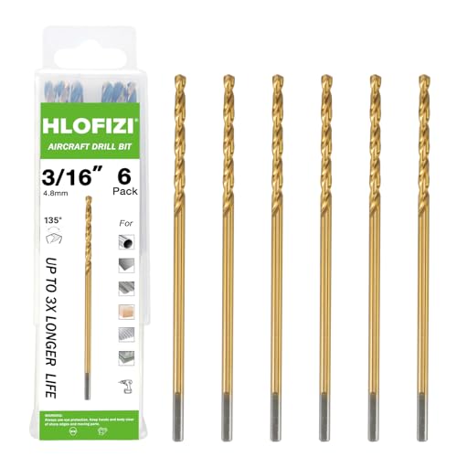 HLOFIZI 3/16 x 6 Inch Extra Long Drill Bits (6 Pack), Aircraft Drill Bit Titanium M2 High Speed Steel for Wood, Plastic, PVC, Thin Metal Sheet