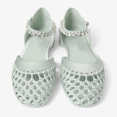 keleimusi Women's Woven Ballet Flats Summer Sparkly Flat with Ankle Strap Round Toe Slip On Rhinestone Mary Jane Flats Comfortable Studded Ballerina Shoes3