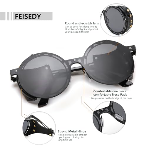 FEISEDY Retro Round Steampunk Sunglasses Women Men Vintage Eyewear Metal Frame Leatherwear B01403