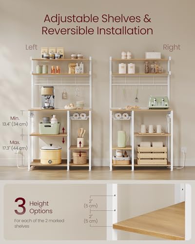 Image of VASAGLE Bakers Rack with Power Outlet, 35.4 Inches Microwave Stand, Coffee Bar, 4 AC Outlets, with Adjustable Shelves, 8 S-Hooks, Basket, Spice Racks, Golden Oak and Cloud White UKKS031Y09