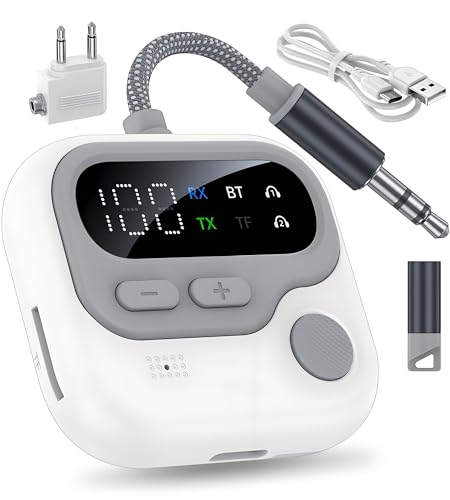 Bluetooth5.4 トランスミッター & レシーバー LOLYYDENS 3.5mm Aux ブルートゥース トランスミッター 一台三役 小型 bluetooth 送信機+受信機+TFカード再生対応 ハンズフリー通話 低遅延 LEDディスプレイ搭載 12時間連続運転 充電しながら使用可 車載スピーカー・テレビ・PC・ヘッドセット・ホームステレオ・飛行機に最適 JS4