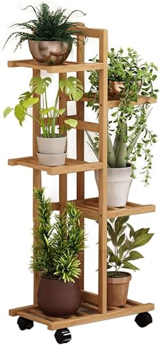 Kziazoi フラワースタンド 花台 プランタースタンド 竹製 ガーデニング 多肉植物スタンド キャスター付き 移動ラクラク 園芸ラック 観葉植物 多肉 鉢植えスタンド 花瓶置き台 室内 簡単組立 おしゃれ プランターラック (5階です)