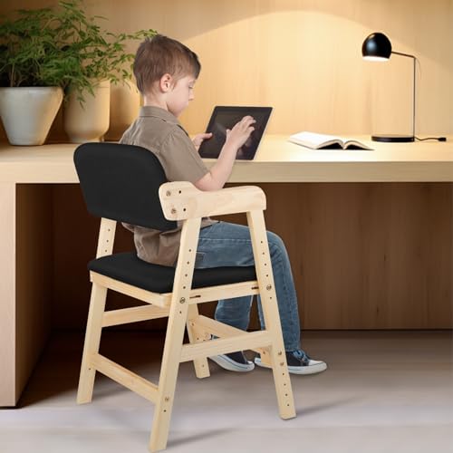 Willonin Chaise Haute Évolutive en Bois Naturel Sit Up 3 Hauteur Réglable, Chaise Bébé Résistante de Sécurité,Bois Nature-Noir