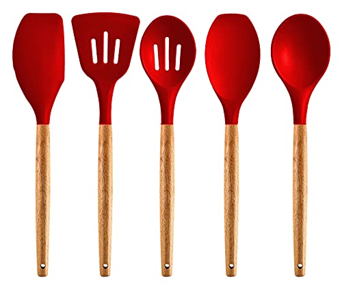 Image of Non-Stick Silicone Cooking Utensils Set with Natural Acacia Hard Wood Handle, High Heat Resistant Red Pack of 5